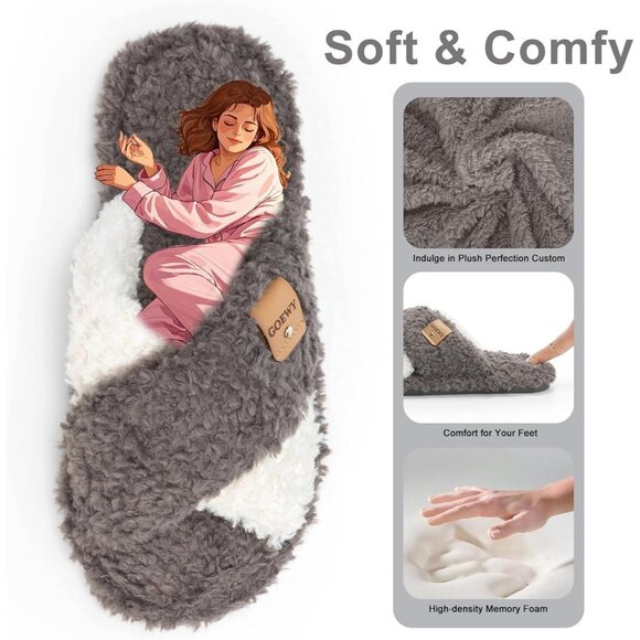 ⚡Women’s Grey White Faux Fur Cozy Fuzzy Cross Band Slippers Indoor House Shoes - Picture 3 of 6